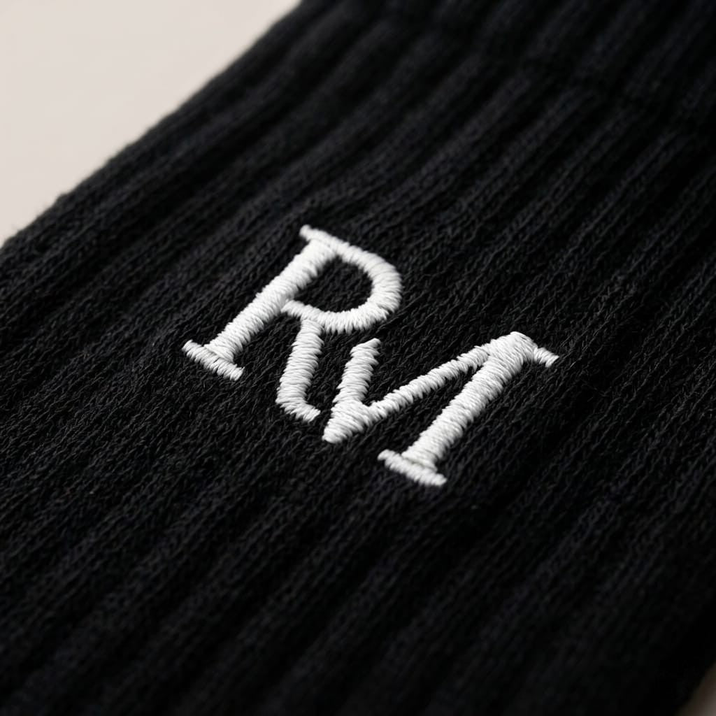 Gesticktes RM-Monogramm auf schwarzem Rippstrick