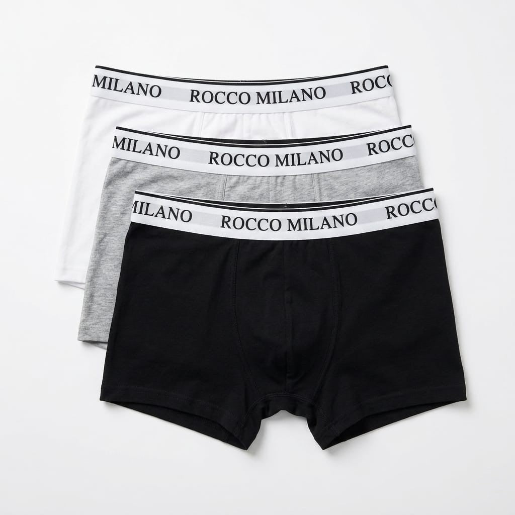 Drei Rocco-Milano-Boxershorts in Schwarz, Grau Melange und Weiß nebeneinander