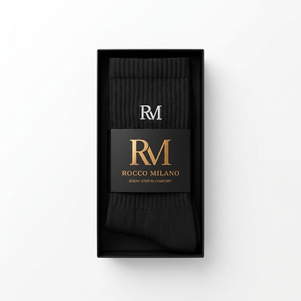 Schwarze Rocco-Milano-Socken in Geschenkbox mit goldener Banderole