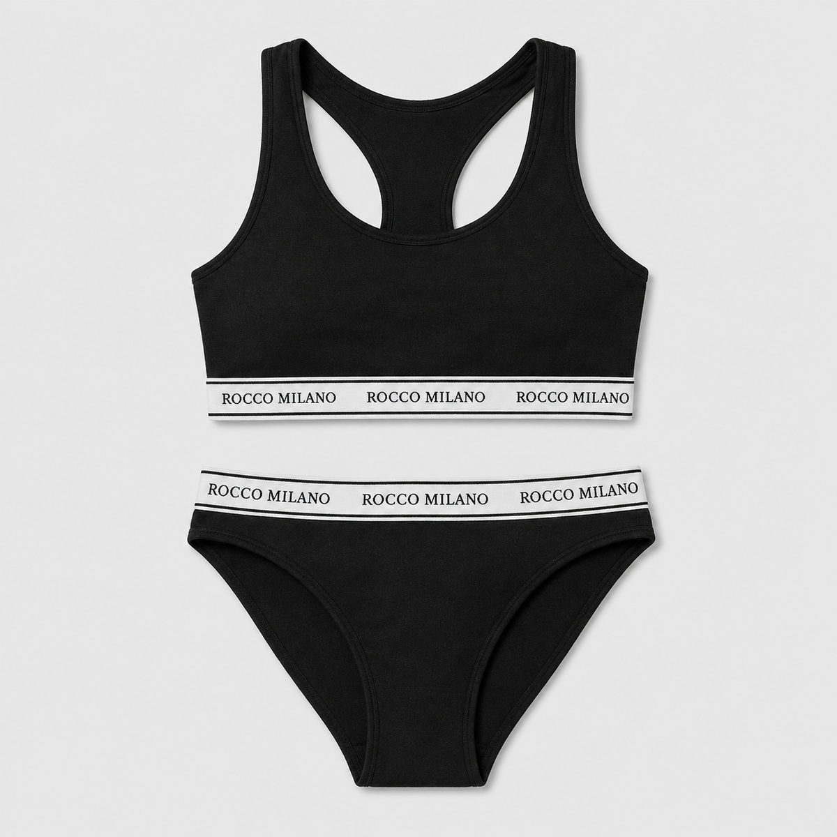 Schwarzes Top und Slip mit hellen ROCCO MILANO Logobändern