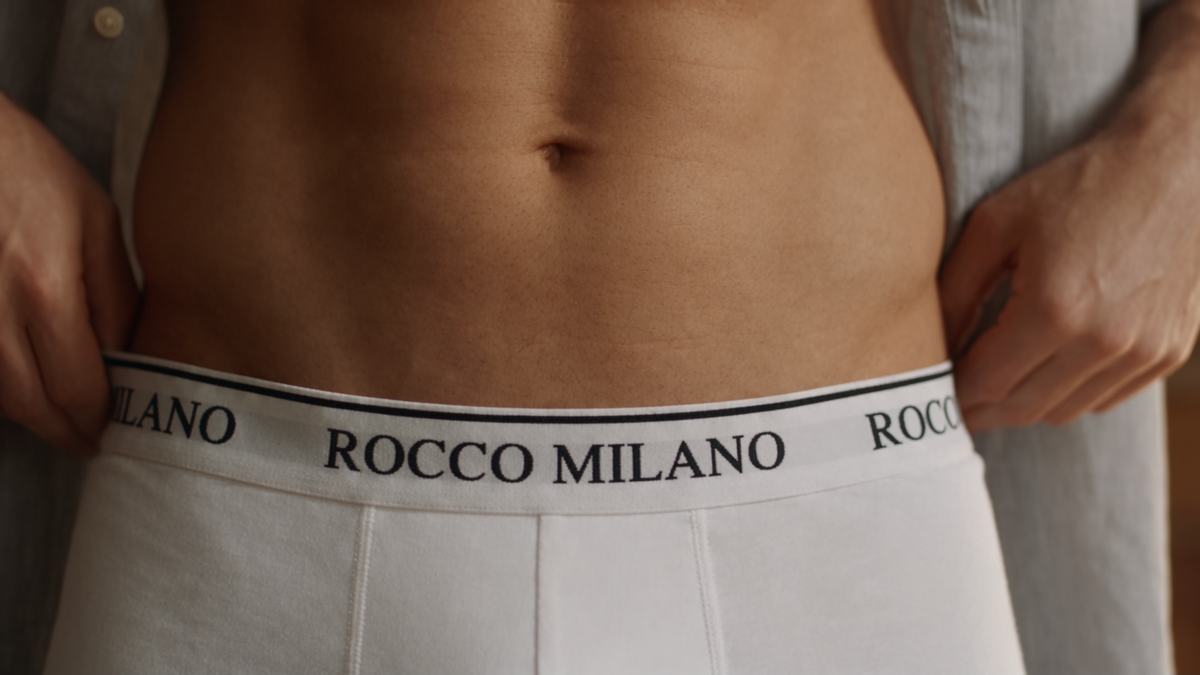 Nahaufnahme weißer Boxershorts mit ROCCO MILANO Logobund